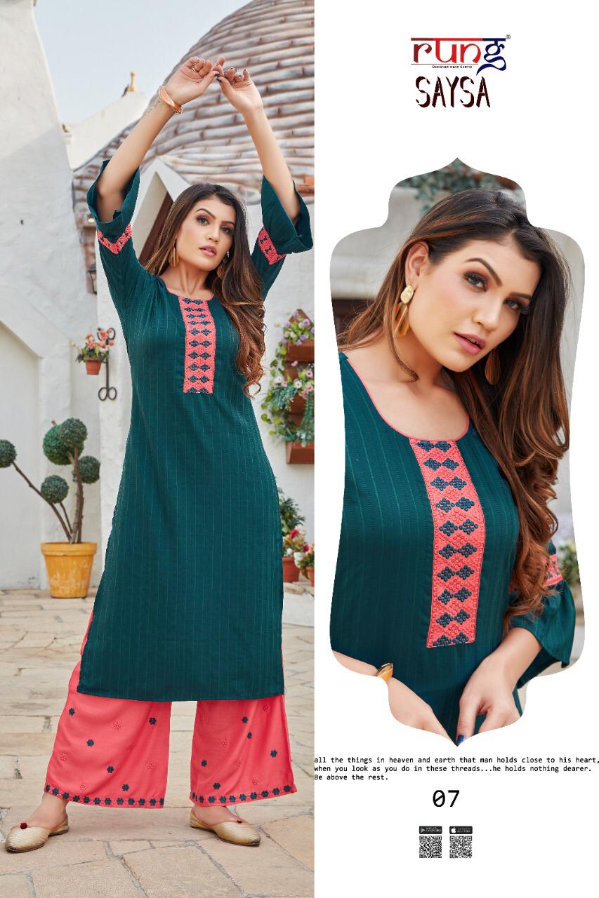 Rung Sasya Heavy Slub Latest Fancy Designer Casual Wear  Lining With heavy Hand Work Rayon With Embroidery Work Western Kurti With Bottom Collection